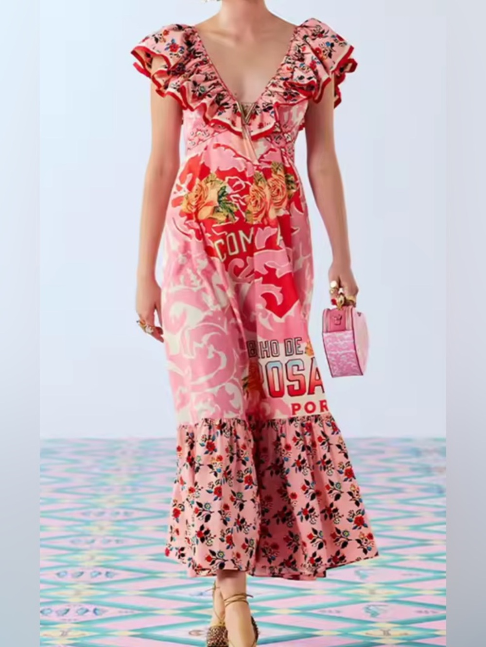 NEW $285 Rio Brasilla Pink Floral Ruffle V-Neck Maxi Dress - Picture 3 of 5